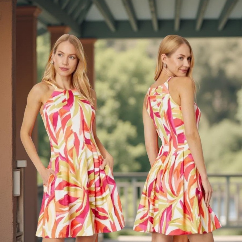 Vince Camuto Abstract Leaf Pattern Scuba Halter Fit & Flare Dress size 14